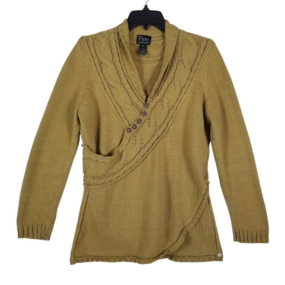 Pure Handknit‎ Sweater Women M/L Mustard Yellow Cotton Cable Knit Asymmetrical